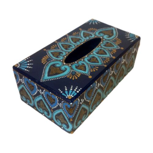 Boîte à mouchoirs en bois – Design floral et cœur en bleu
