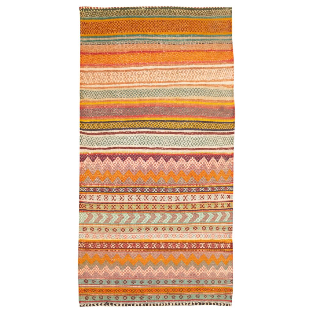 Tapis Jajim persan tissé à plat dans le Fars, rayé traditionnel orange