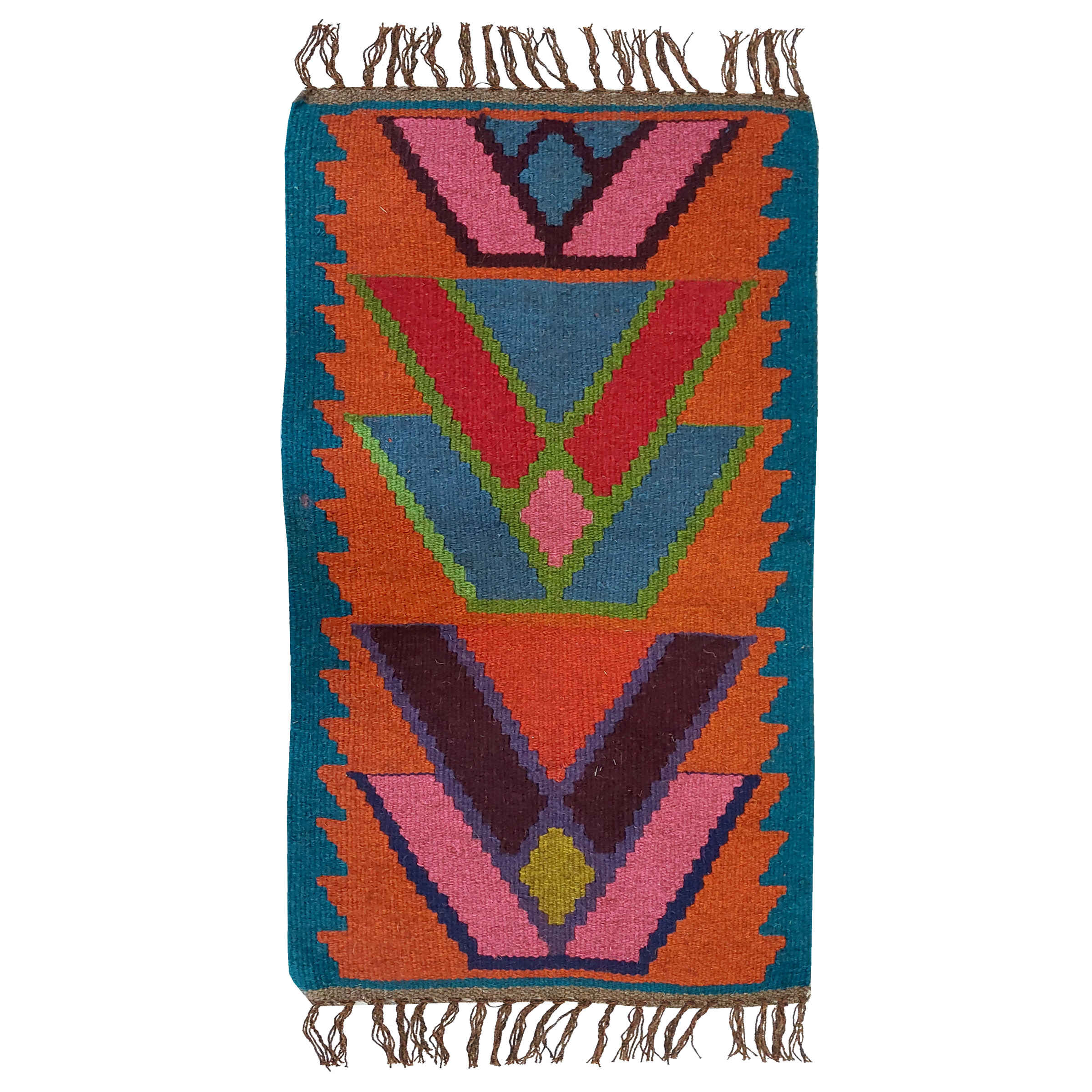 Tapis Kilim persan en laine tissé à la main dans le Zanjan, géométrique rouge brique