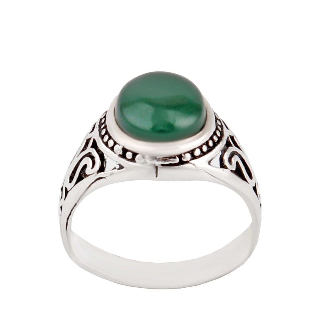 Bague en argent pour homme avec bande cylindrique et Agate verte