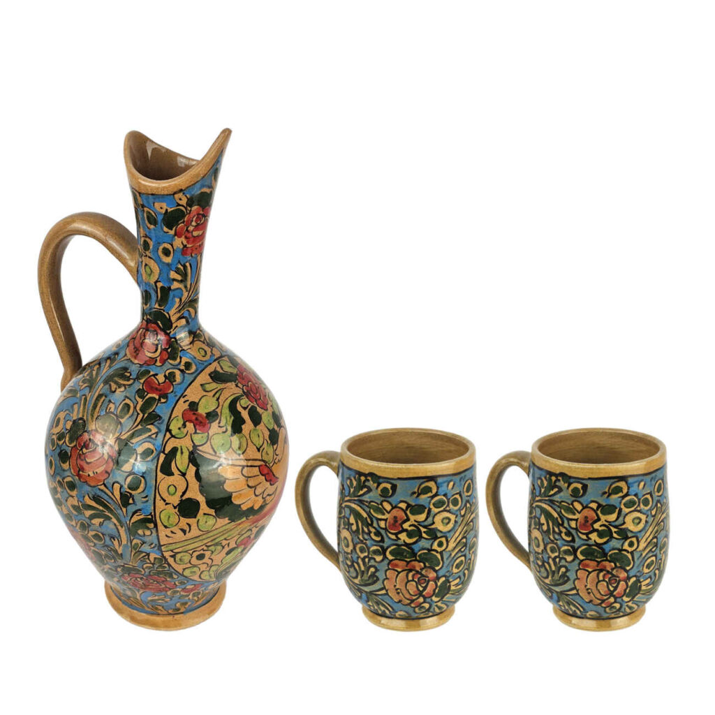 Ensemble Pichet et Verres en Poterie avec Motif Oiseau et Fleur en Turquoise Ensemble de 3