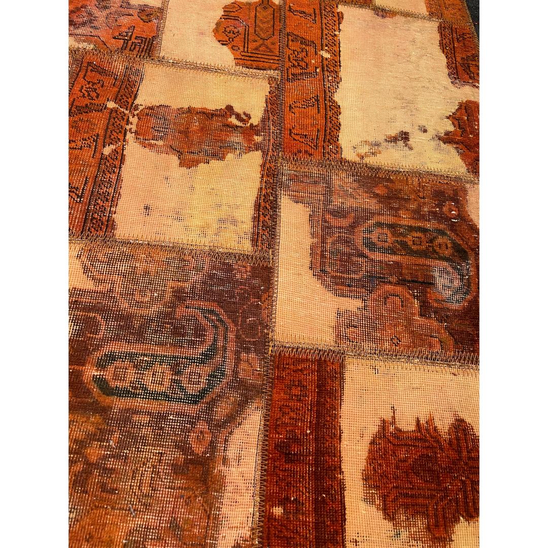 Tapis Persan Vintage Patchwork Noué à la Main Géométrique Rouge Brique
