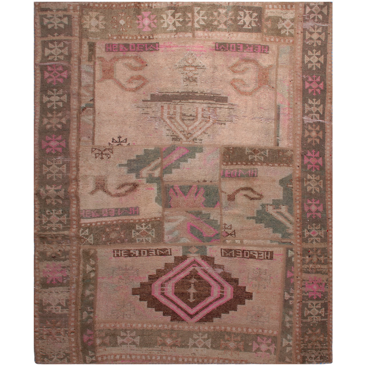 Tapis Persan Vintage Patchwork Noué à la Main Géométrique Marron