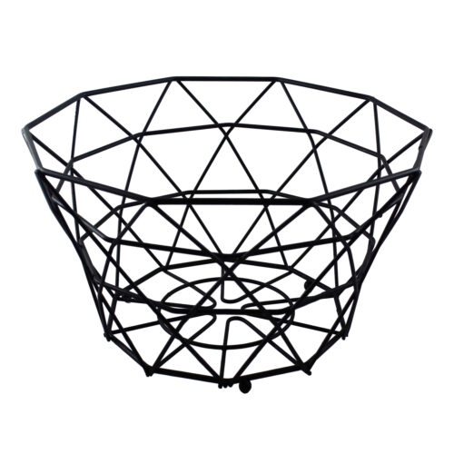 Panier en fil métallique avec design polygonal, parfait pour les fruits en noir