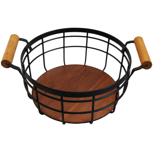 Panier en fil métallique avec base en bois et poignée, parfait pour les fruits en noir