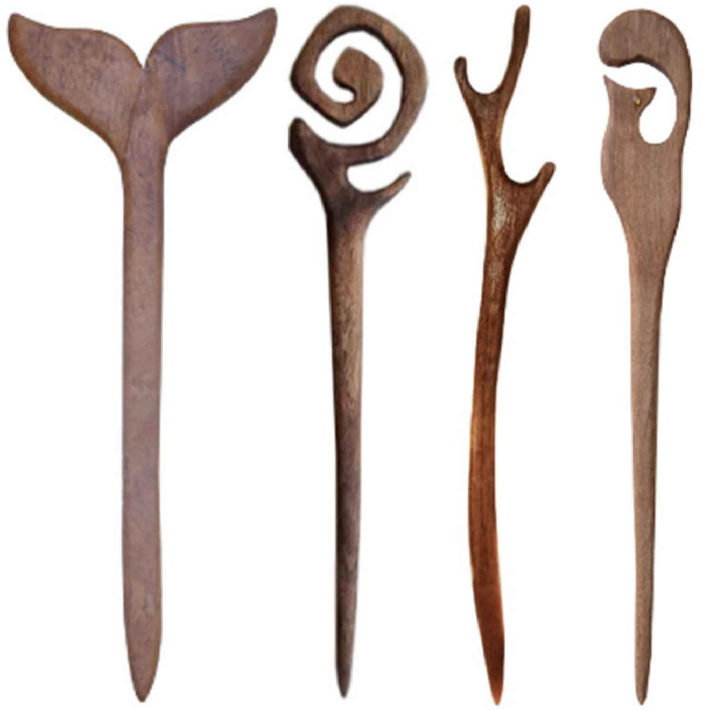 Bâtonnet de cheveux en bois fait main Grande Taille en Paquet de 4