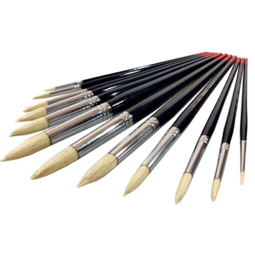 Set de 12 pinceaux ronds doux artificiels de haute qualité avec long manche en bois