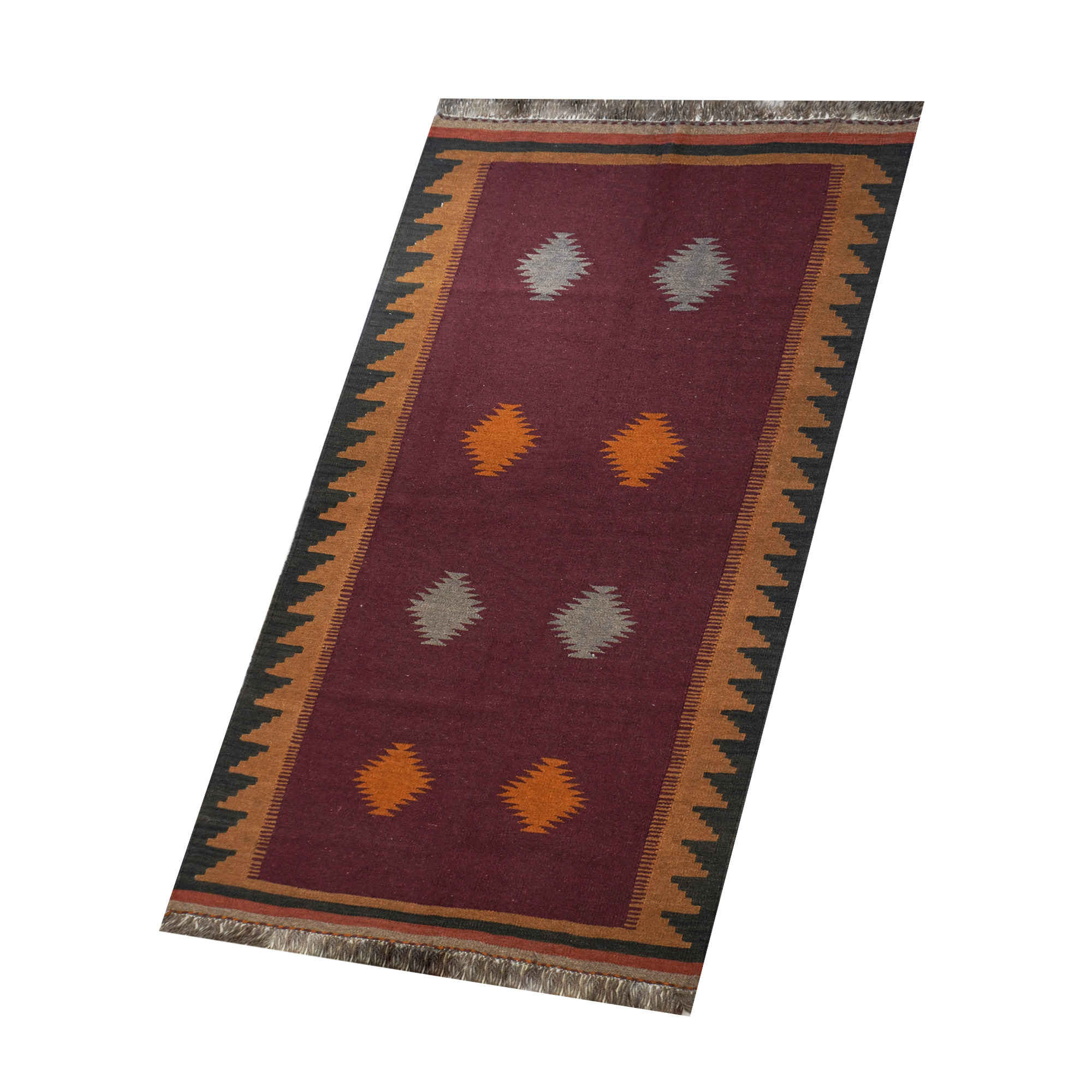 Tapis Kilim persan en laine authentique tissé à la main, géométrique cramoisi