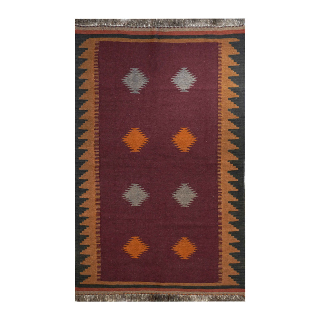 Tapis Kilim persan en laine authentique tissé à la main, géométrique cramoisi