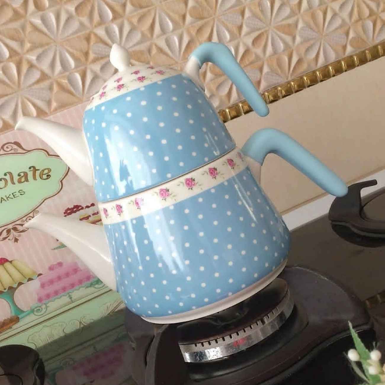 Ensemble double théière en céramique - Parfait pour un cadeau Durable avec motif à pois & floral