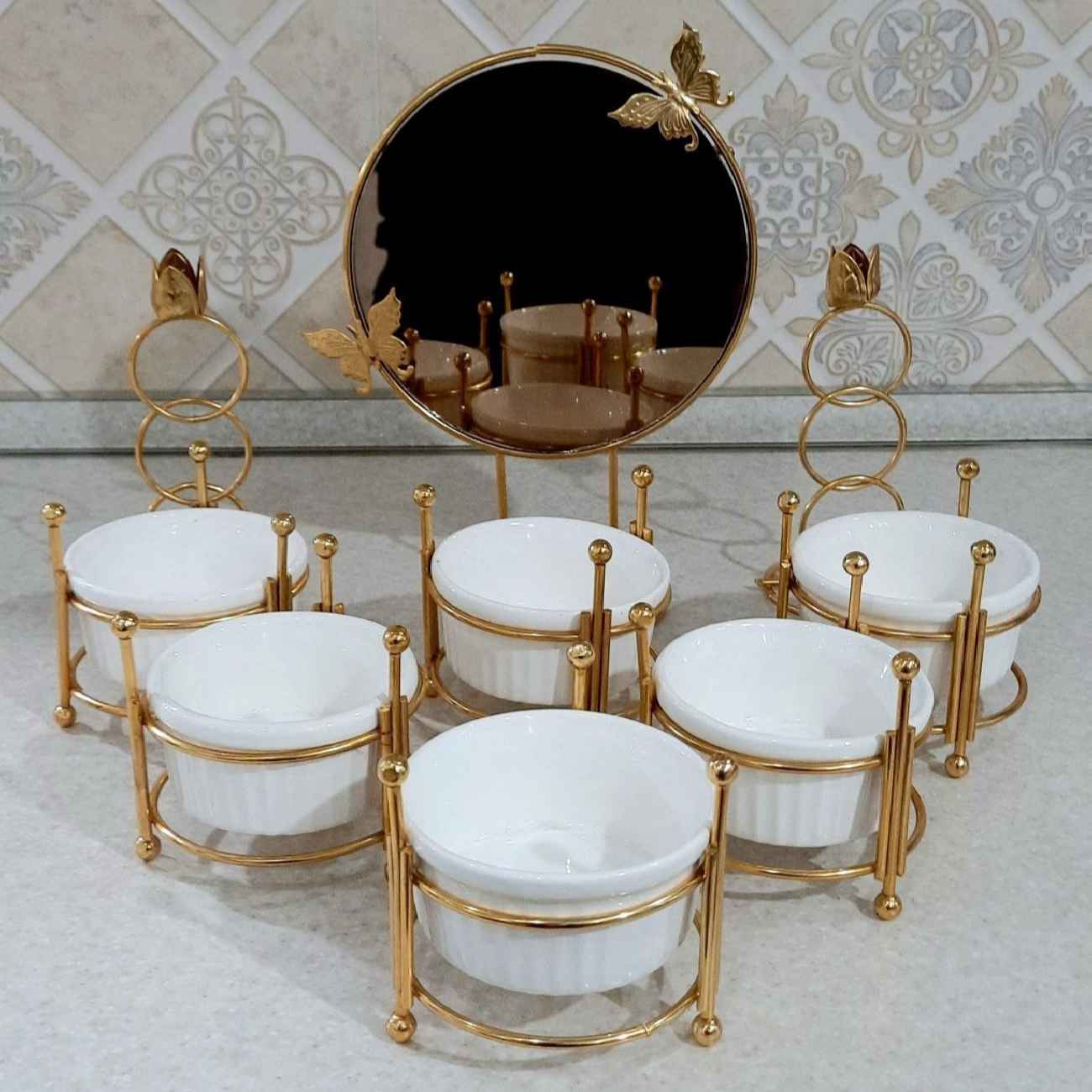 Ensemble Haft-Seen en céramique – Pour le Nouvel An persan – Motif papillon – 9 pièces