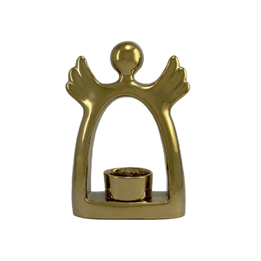 Porte-bougie décoratif en céramique avec design d'ange en or