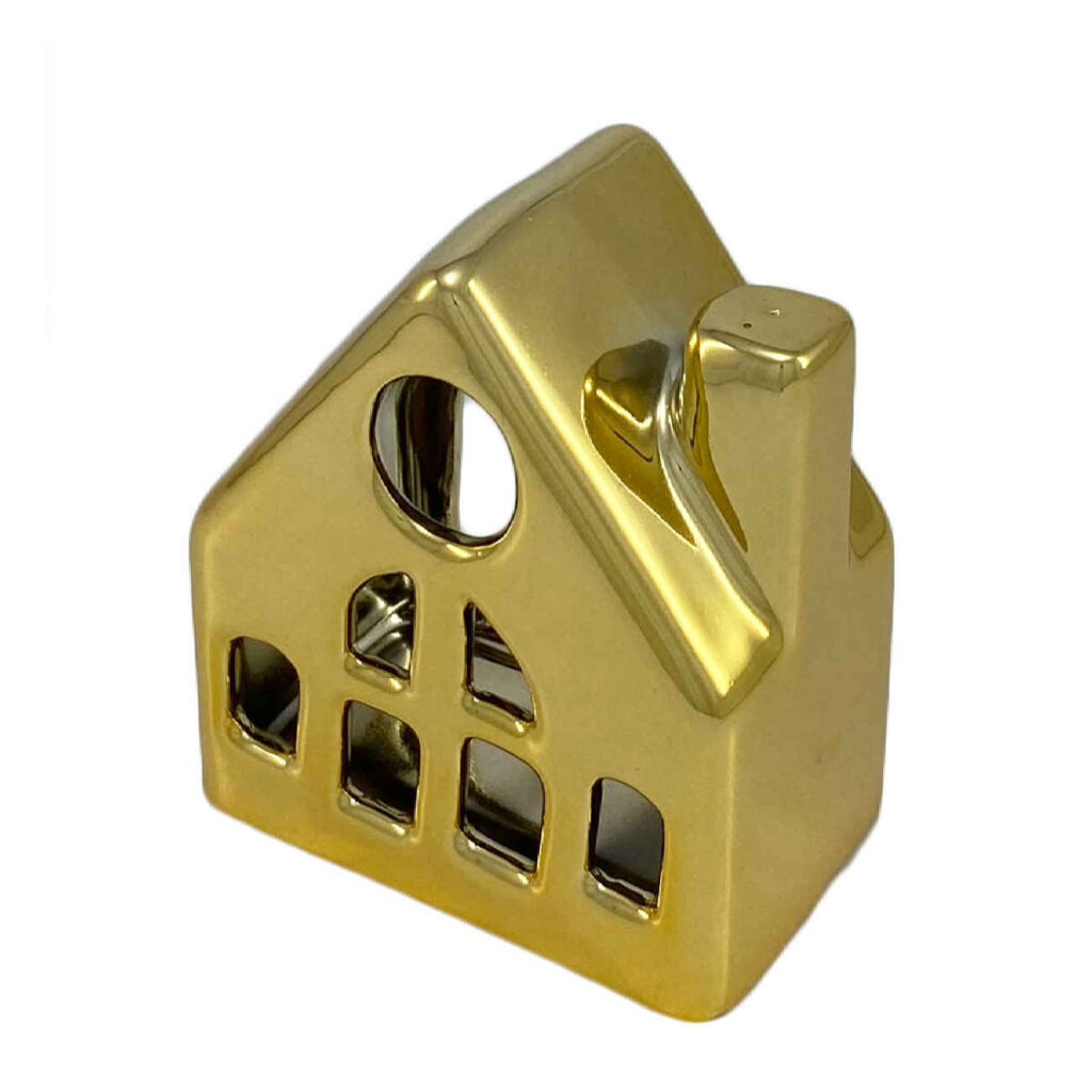 Porte-bougie décoratif en céramique avec design de maison de campagne en or