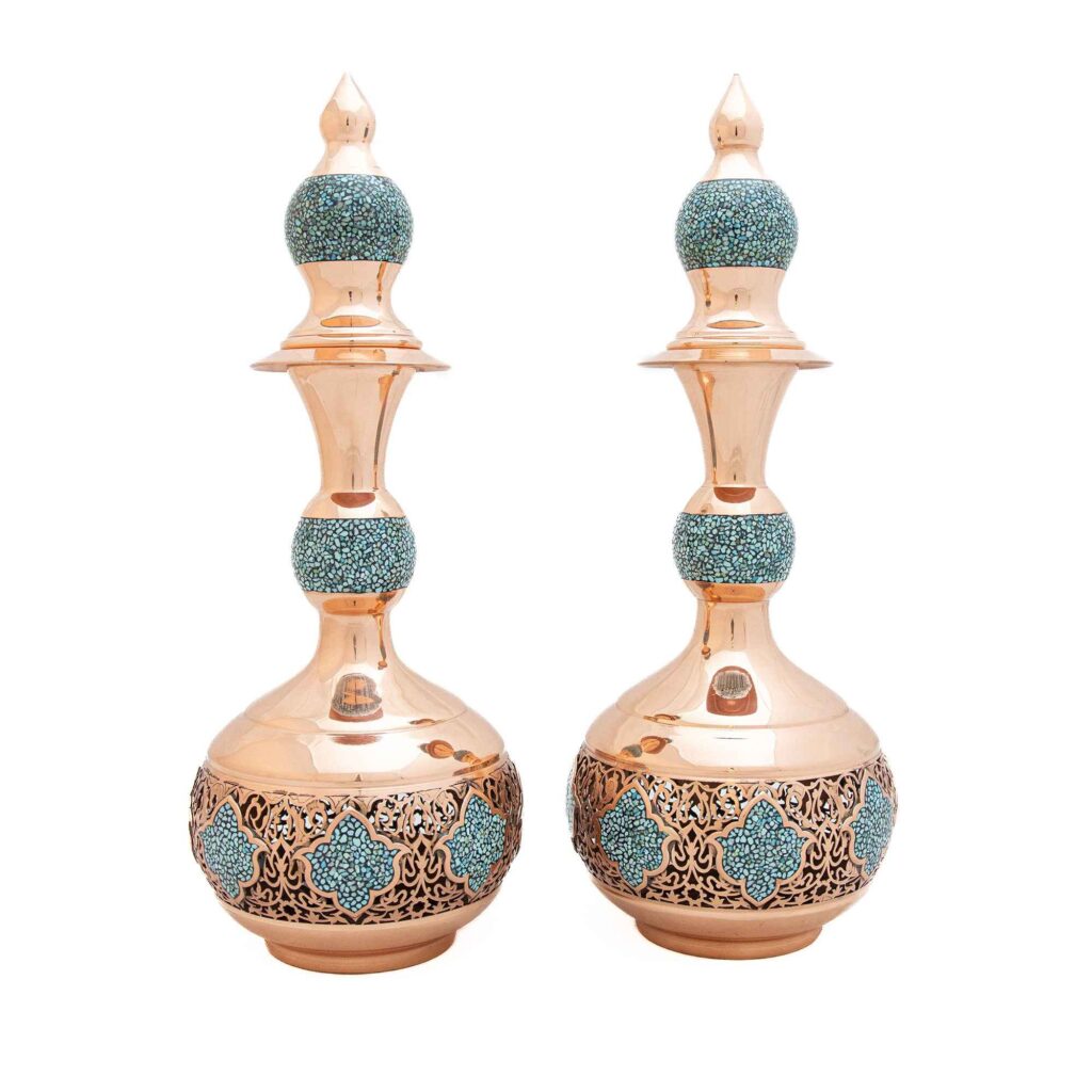 Bouteille décorative en cuivre - Artisanat persan avec incrustation de turquoise (lot de 2)