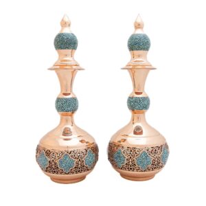 Bouteille décorative en cuivre – Artisanat persan avec incrustation de turquoise (lot de 2)