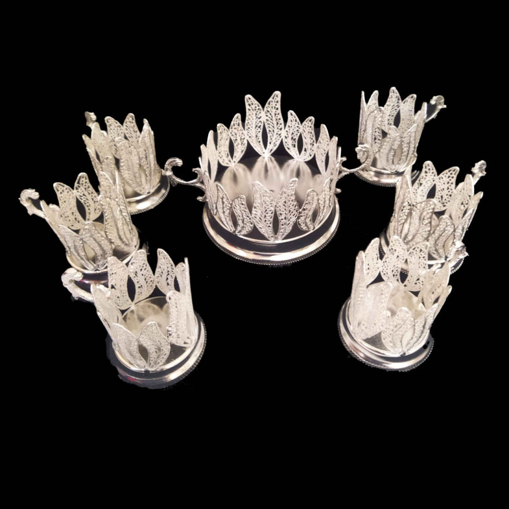 Service à thé et à café persan en filigrane argenté, fait main – ensemble de 7 pièces.