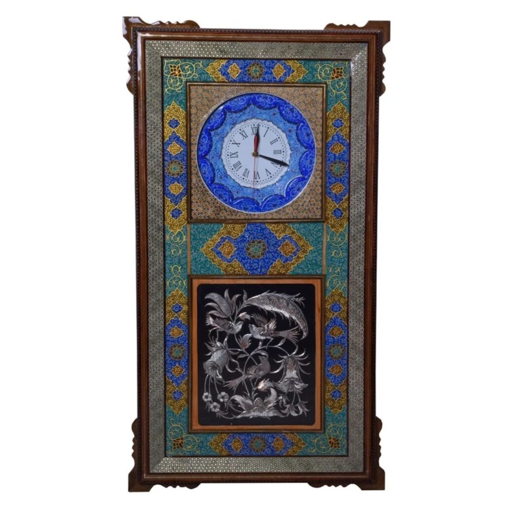 Horloge murale en bois persane artisanale - Art du marqueterie Khatam, Laleh