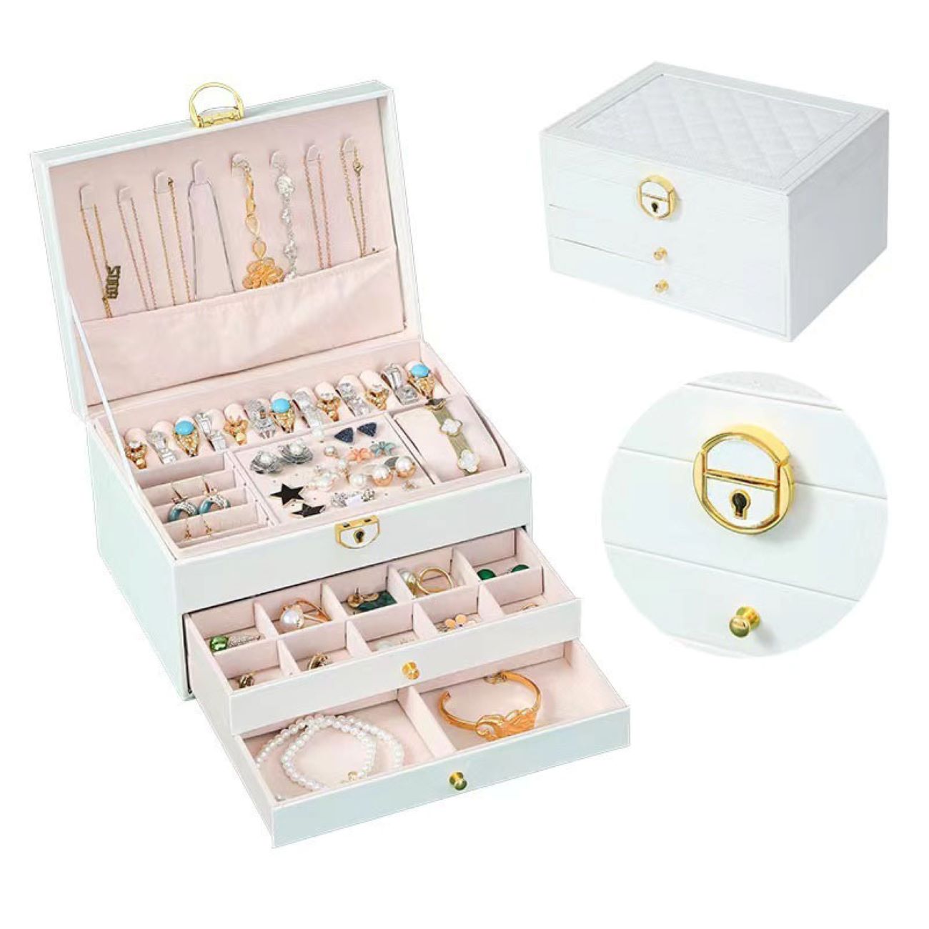 Boîte à bijoux avec rangement à plusieurs niveaux et serrure pour des accessoires bien organisés