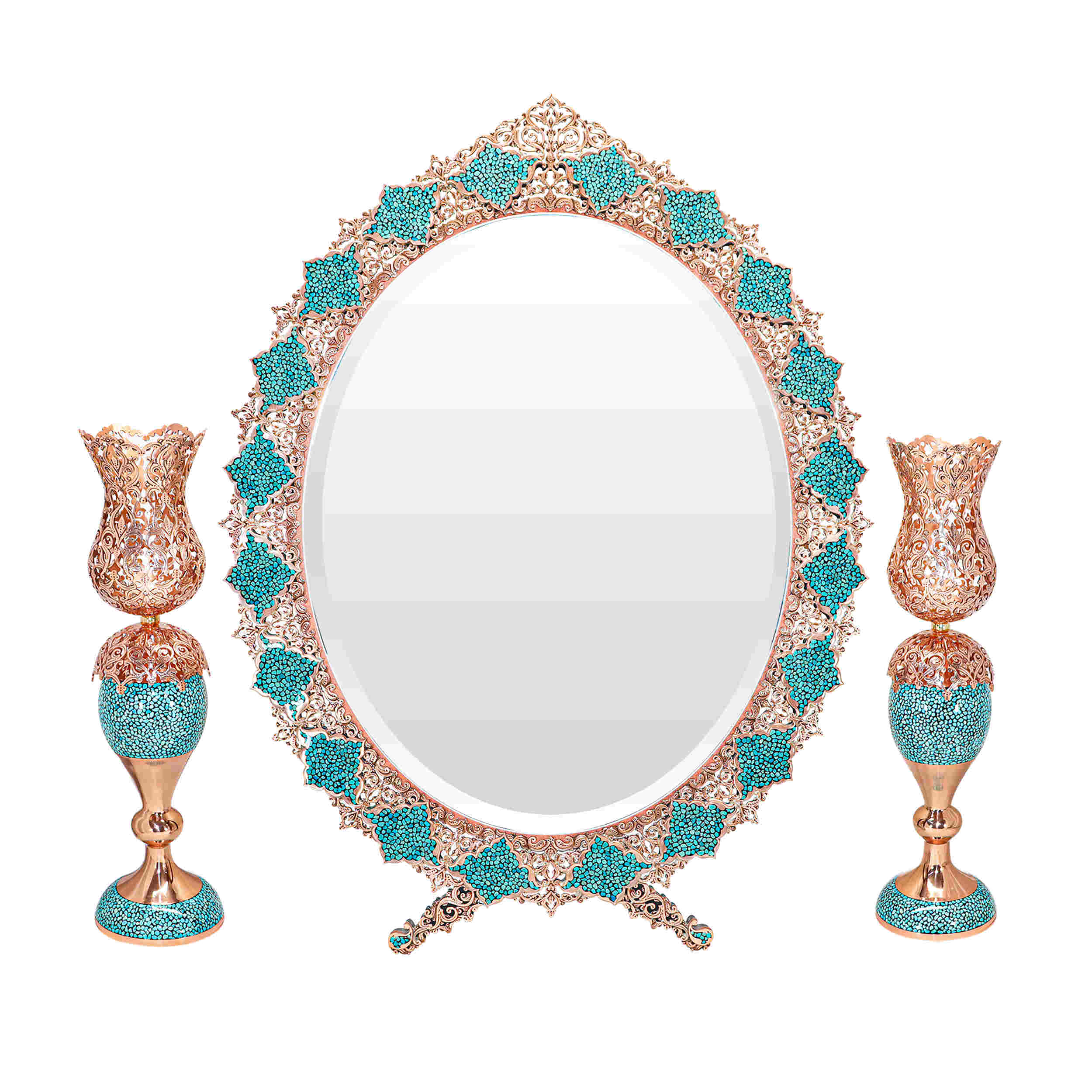Ensemble miroir et bougeoirs en cuivre avec turquoise incrustée – Gravure argentée