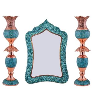 Ensemble miroir et bougeoirs en cuivre avec turquoise incrustée – Parfait pour la décoration intérieure