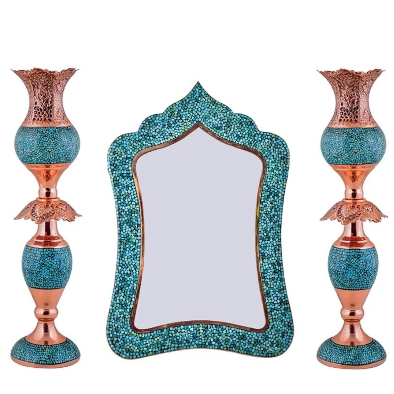 Ensemble miroir et bougeoirs en cuivre avec turquoise incrustée – Parfait pour la décoration intérieure