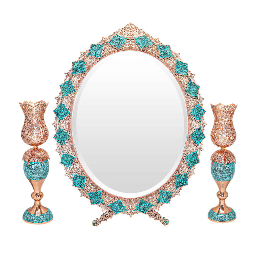 Ensemble miroir et bougeoirs en cuivre avec turquoise incrustée – Idéal pour la décoration