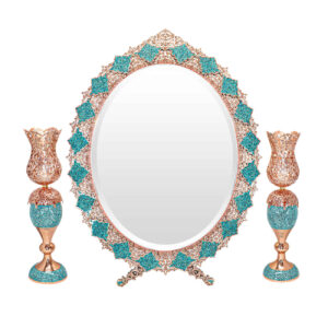 Ensemble miroir et bougeoirs en cuivre avec turquoise incrustée – Idéal pour la décoration
