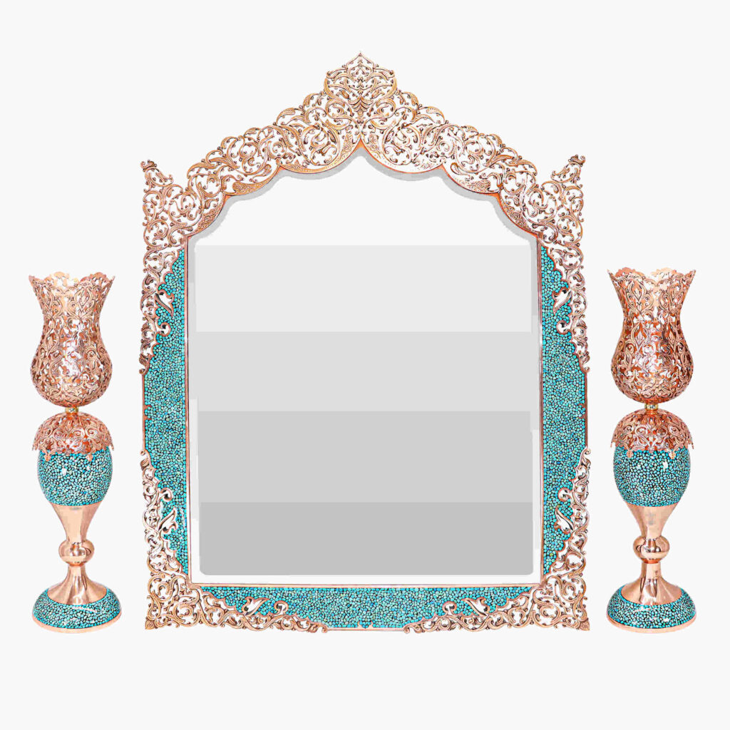 Ensemble miroir et bougeoirs en cuivre avec turquoise incrustée – Idéal pour cérémonie de mariage