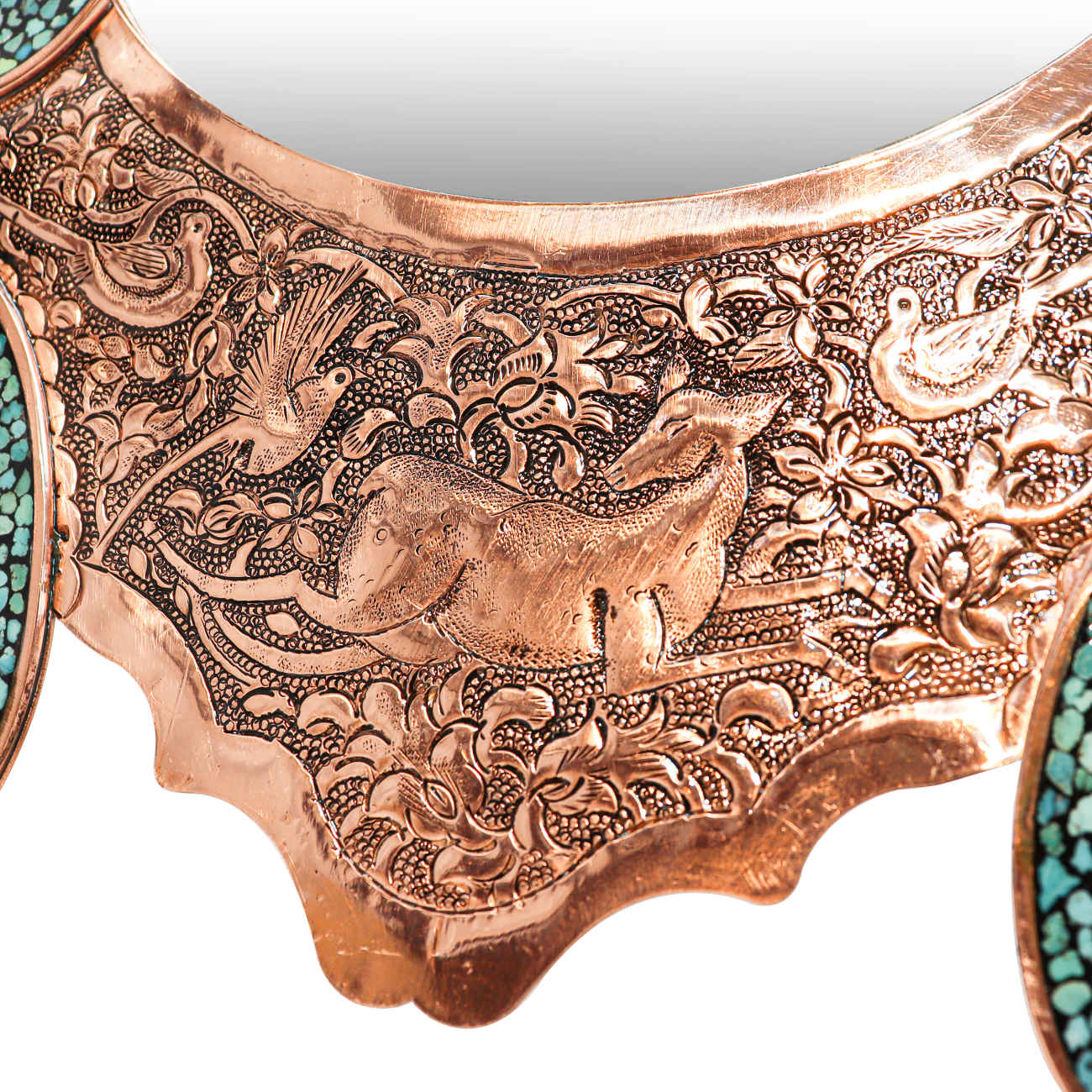 Ensemble miroir et bougeoirs en cuivre avec turquoise incrustée – Motifs floraux et cachemire