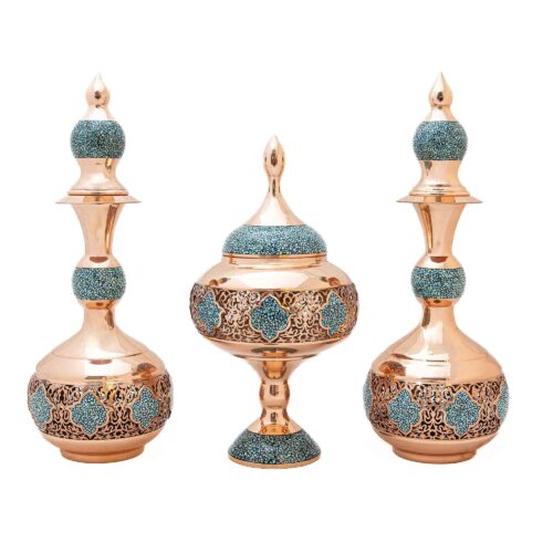 Ensemble bouteille en cuivre et bol à chocolat décoratif persan avec incrustation de turquoise