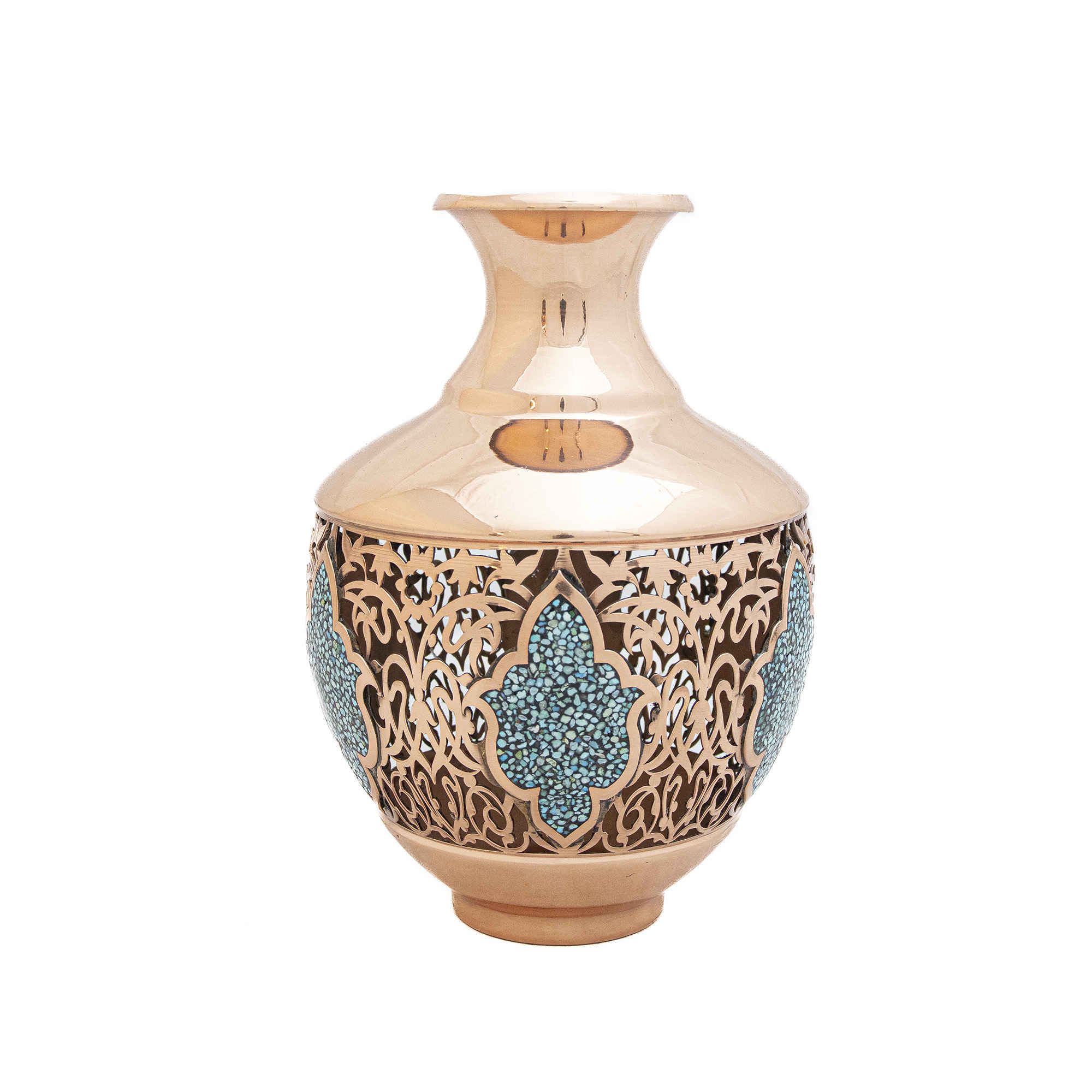 Ensemble bouteille et vase en cuivre décoratif persan avec incrustation de turquoise