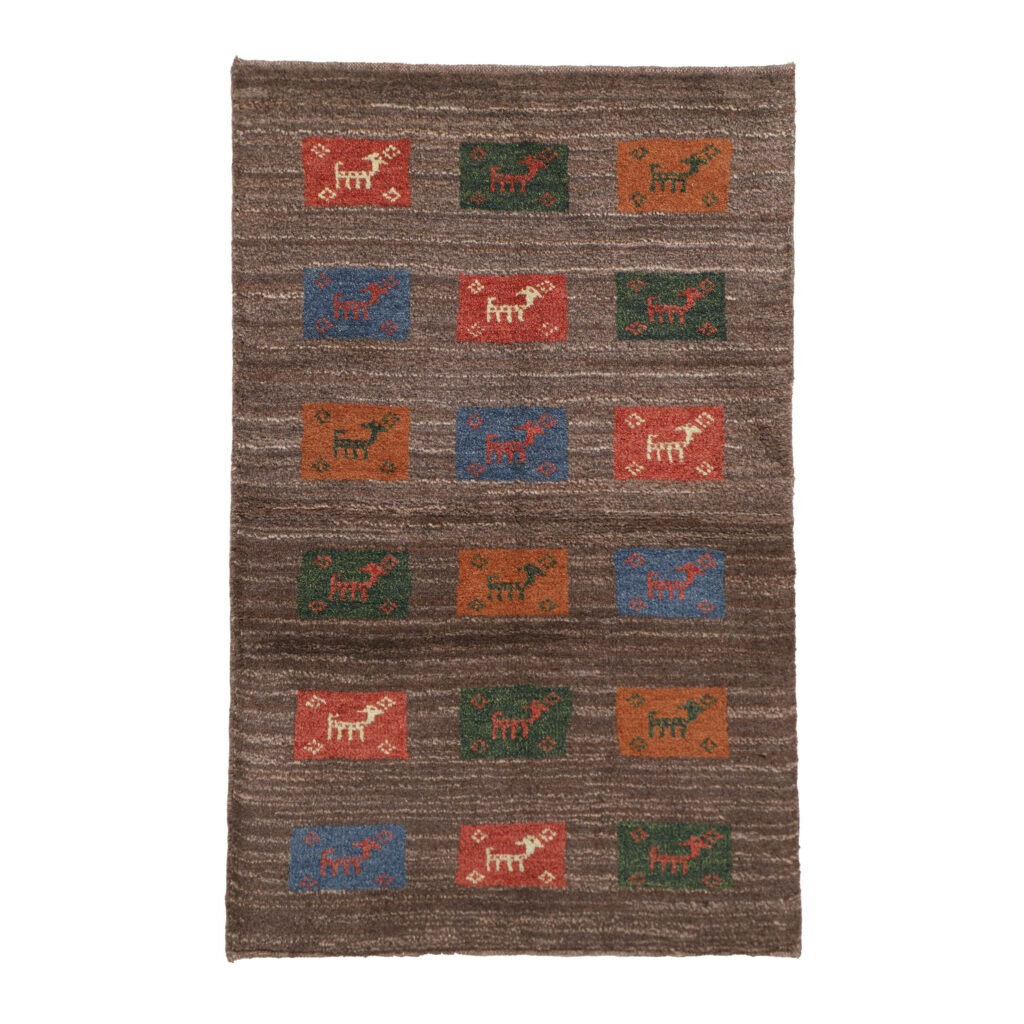 Tapis Gabbeh persan en laine tissé à la main dans le Fars, motifs animaux marron