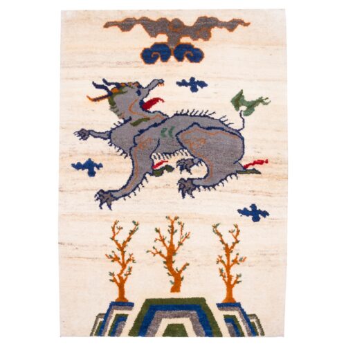 Tapis Gabbeh persan en laine tissé à la main authentique, design dragon du Fars