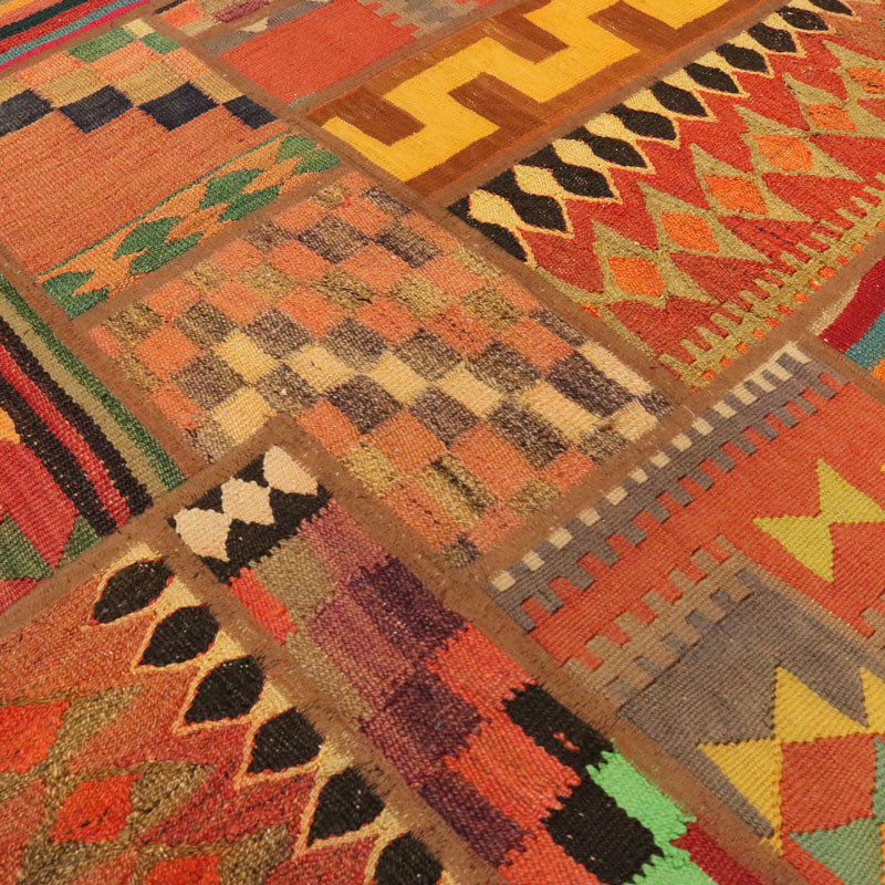 Tapis Kilim Persan Patchwork Tissé à la Main Géométrique Orange