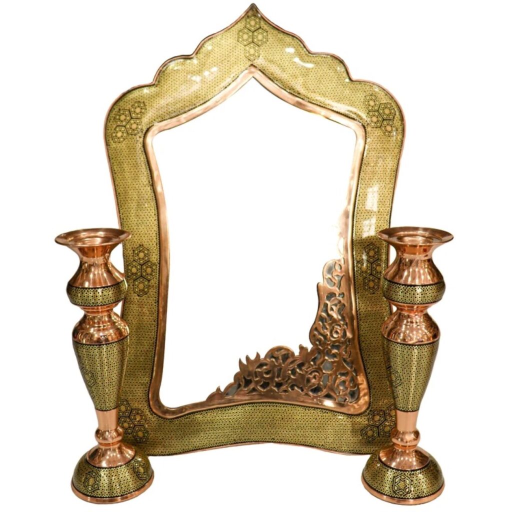 Cadre miroir en bois persan Khatamkari avec deux bougeoirs – Design traditionnel vert