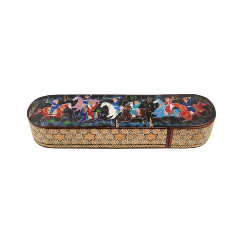 Boîte à crayons en bois persane artisanale avec design de chasse Khatamkari – Idéale pour cadeau