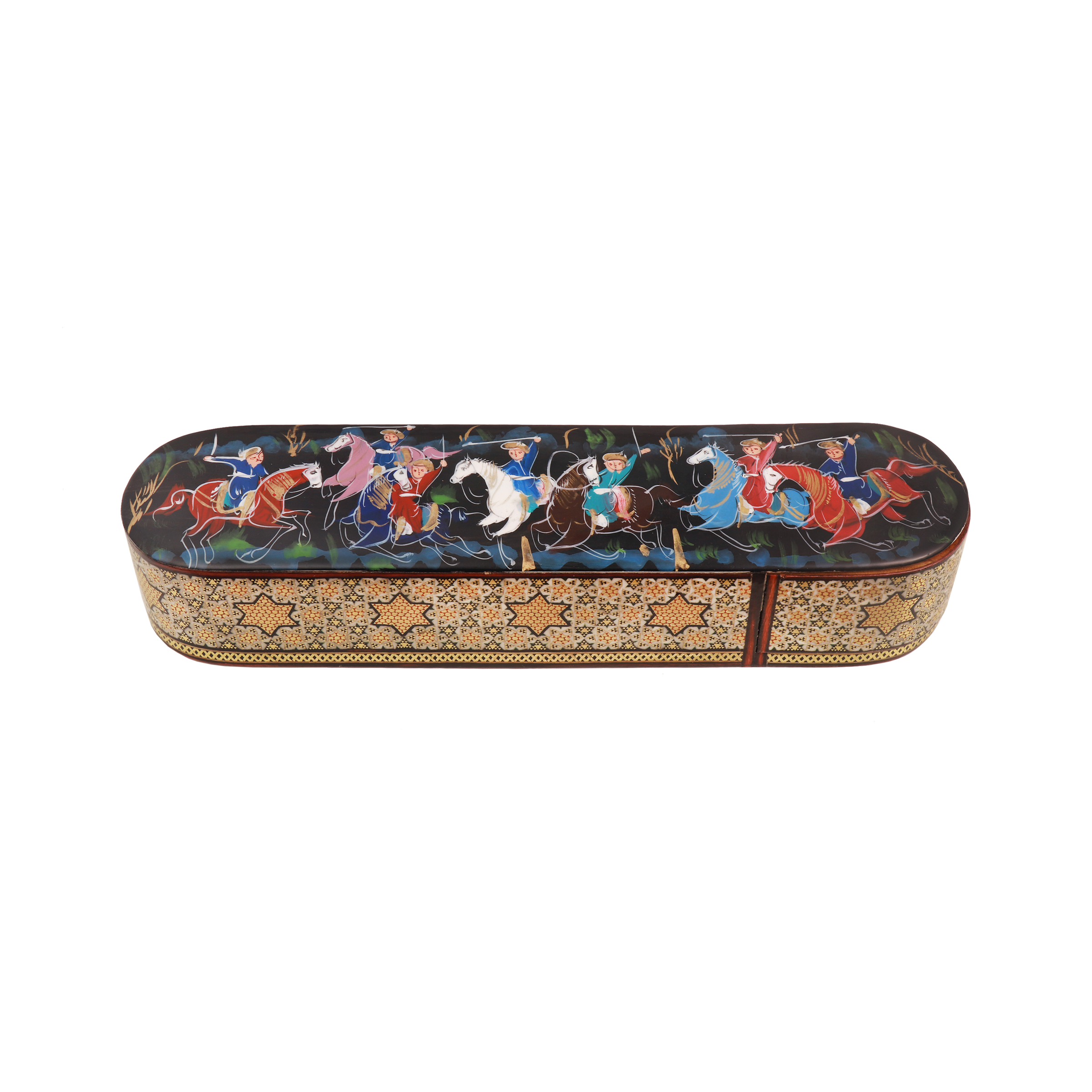 Boîte à crayons en bois persane artisanale avec design de chasse Khatamkari – Idéale pour cadeau