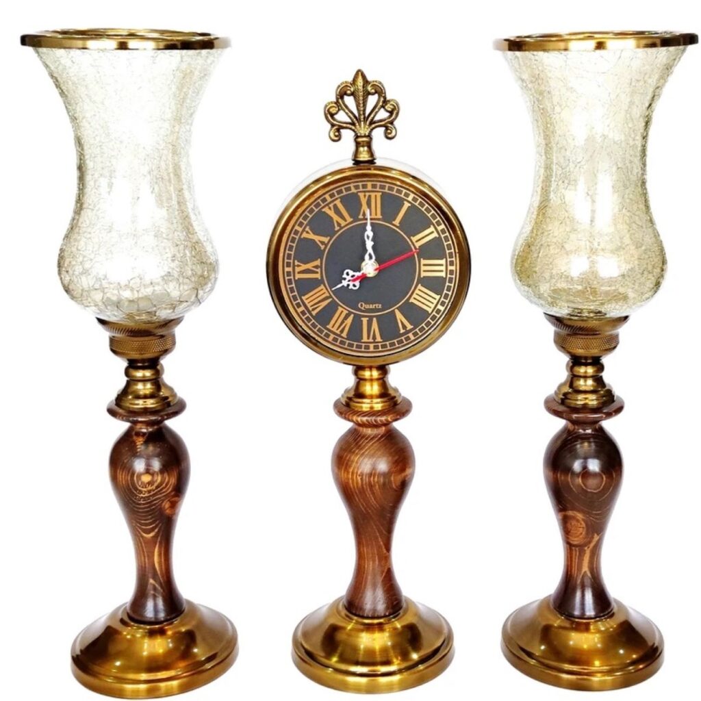 Ensemble de 2 porte-bougies en bois avec horloge de bureau – Idéal pour une décoration intérieure élégante.