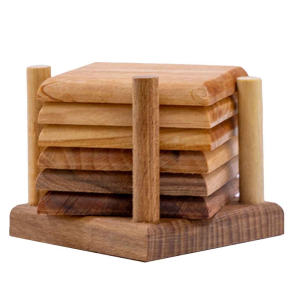 Ensemble de sous-verres en bois avec porte-sous-verres - Magnifiquement pour la maison et le bureau (Pack de 6)
