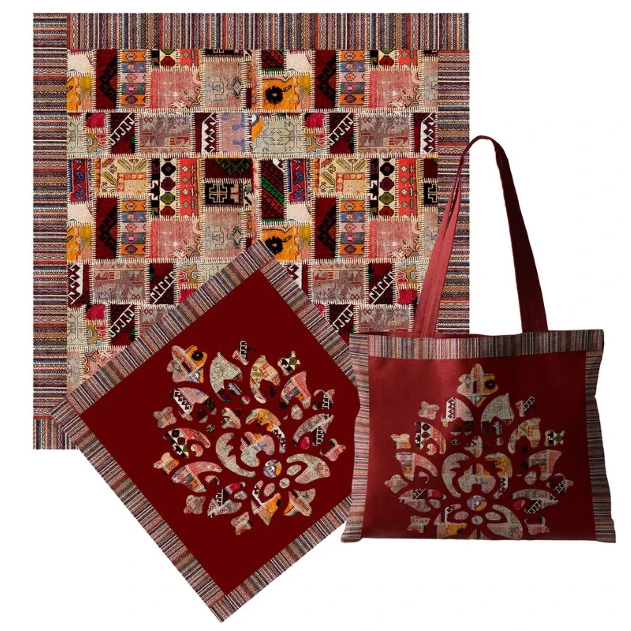 Tapis de prière islamique Sajadah Style Gabbeh - Double face, 3 pièces en tissu Chanel