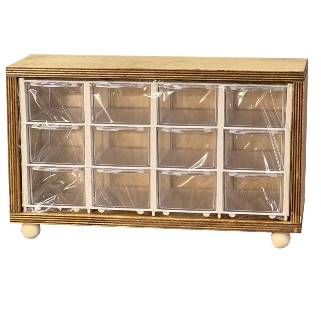 Étagère à épices en bois avec 12 tiroirs, contenants en plastique et support en bois élégant