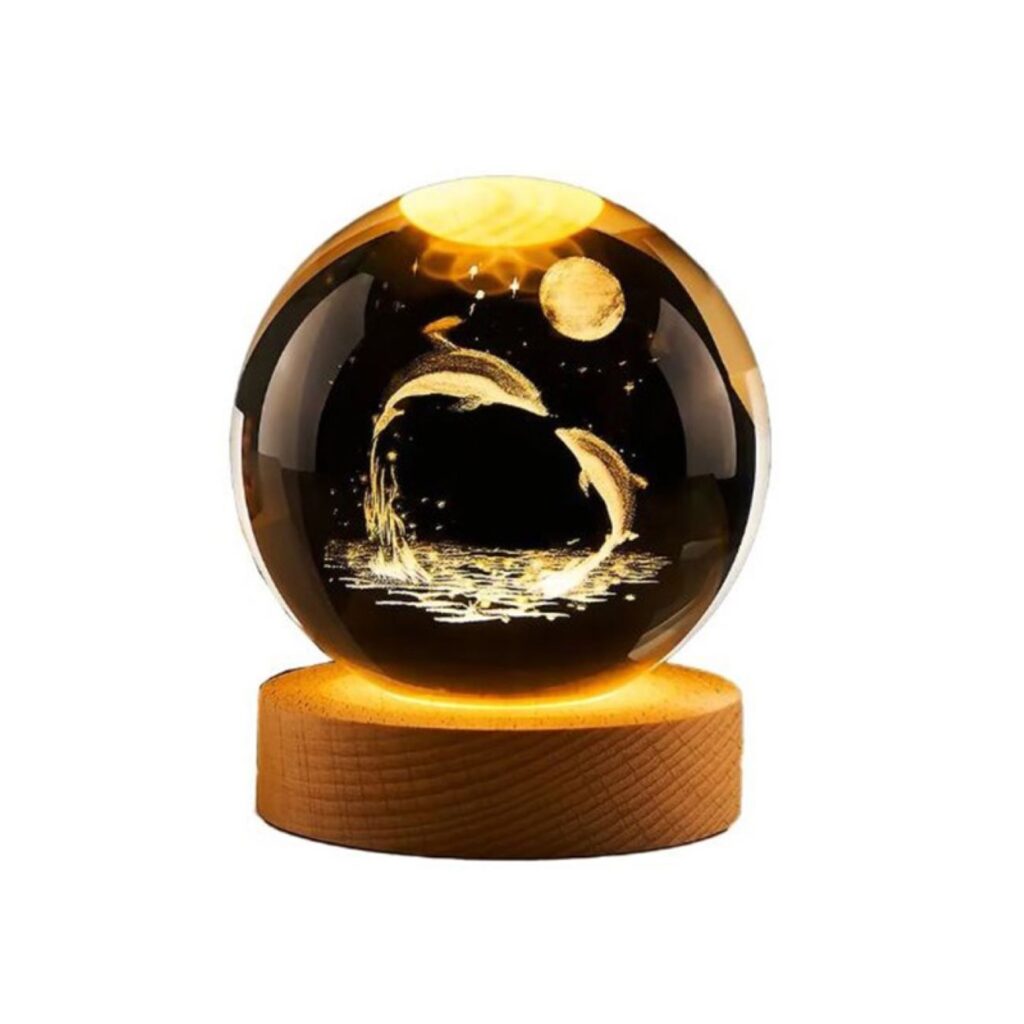 Veilleuse boule de cristal 3D – dauphin féerique lumineux à LED