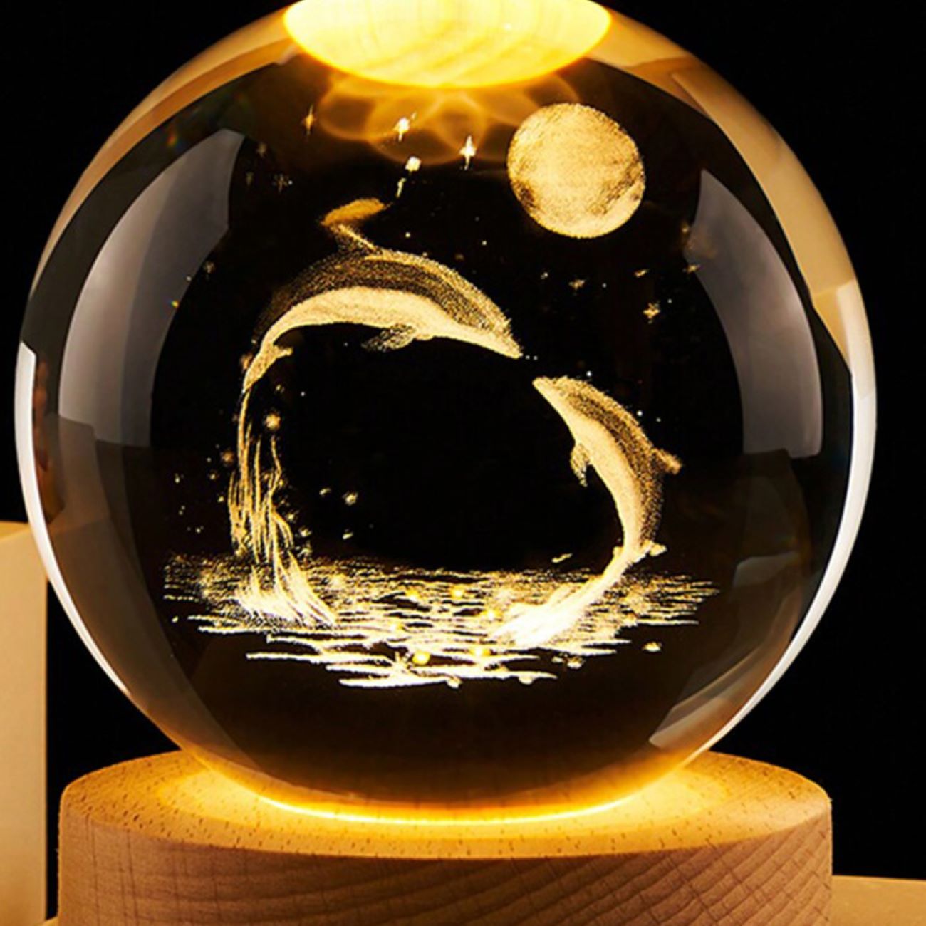 Veilleuse boule de cristal 3D – dauphin féerique lumineux à LED