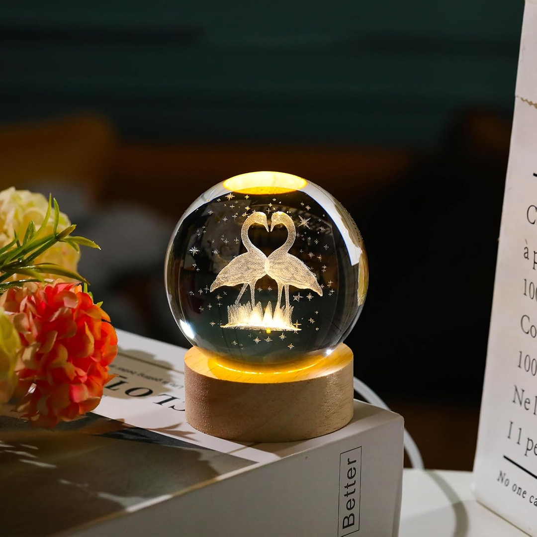 Veilleuse boule de cristal 3D – flamant rose féerique lumineux à LED