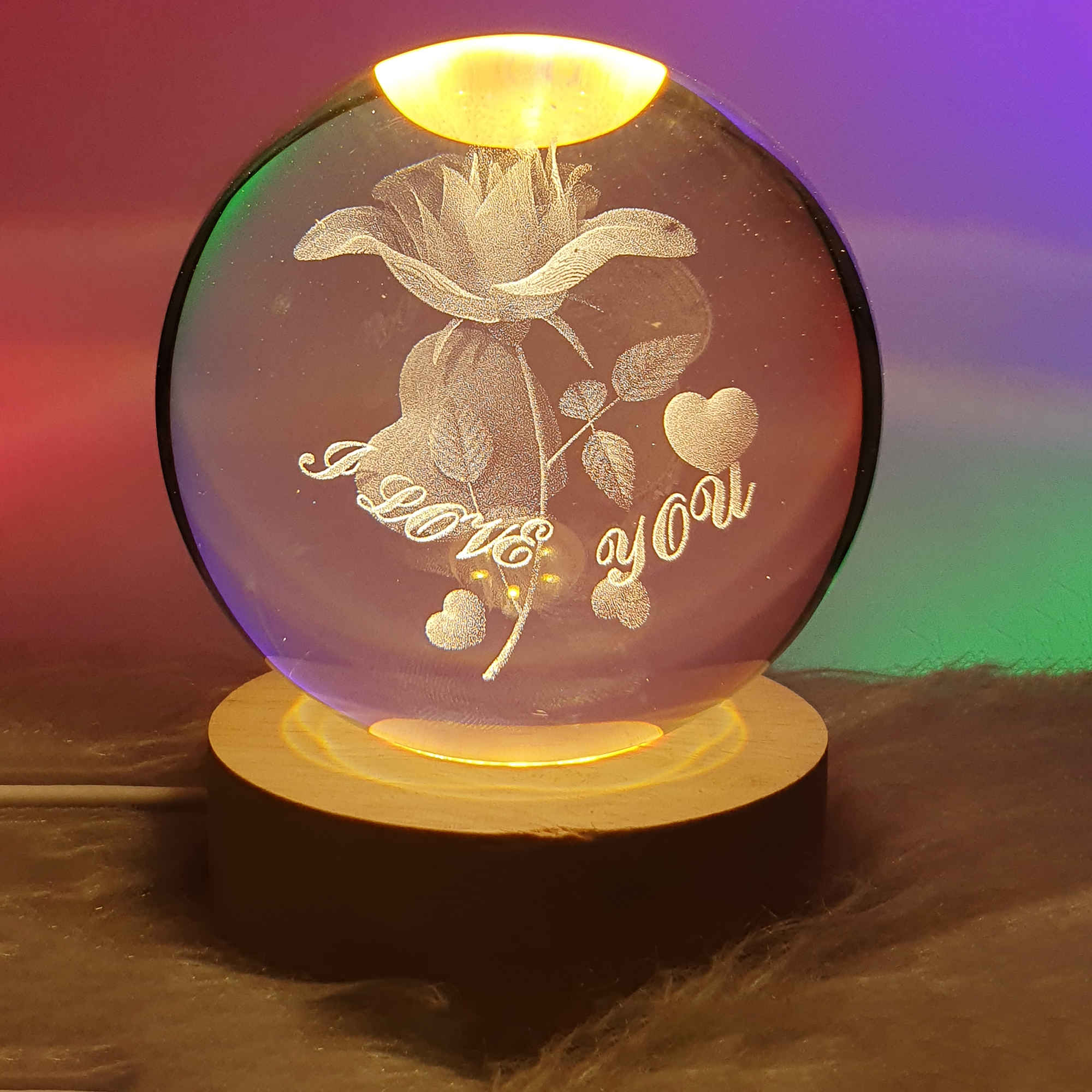 Veilleuse boule de cristal 3D – design rose féerique lumineux à LED