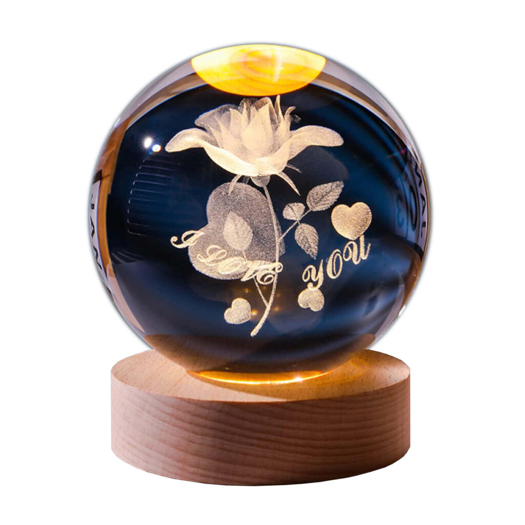 Veilleuse boule de cristal 3D – design rose féerique lumineux à LED