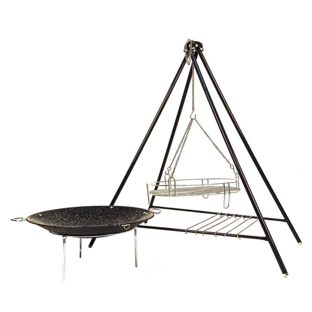 Ensemble de Cuisine en Fonte pour Camping avec Trépied, Grille et Poêle - Kit Ultime de Cuisine en Plein Air, 3 pièces