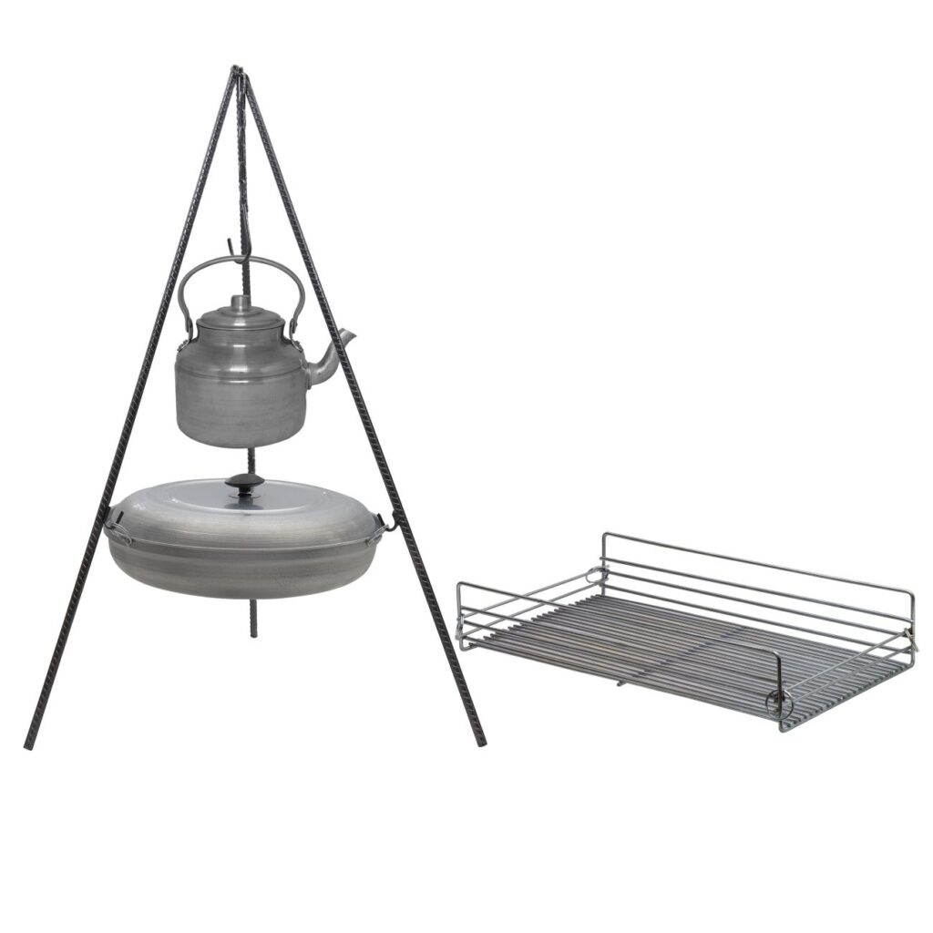 Ensemble de Cuisine en Fonte pour Camping avec Trépied, Grille, Poêle et Bouilloire - Ensemble Complet de Cuisine en Plein Air, 4 pièces