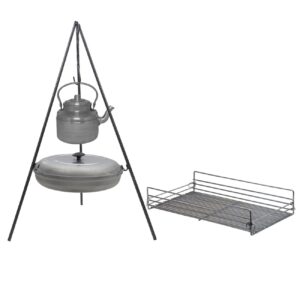 Ensemble de Cuisine en Fonte pour Camping avec Trépied, Grille, Poêle et Bouilloire – Ensemble Complet de Cuisine en Plein Air, 4 pièces