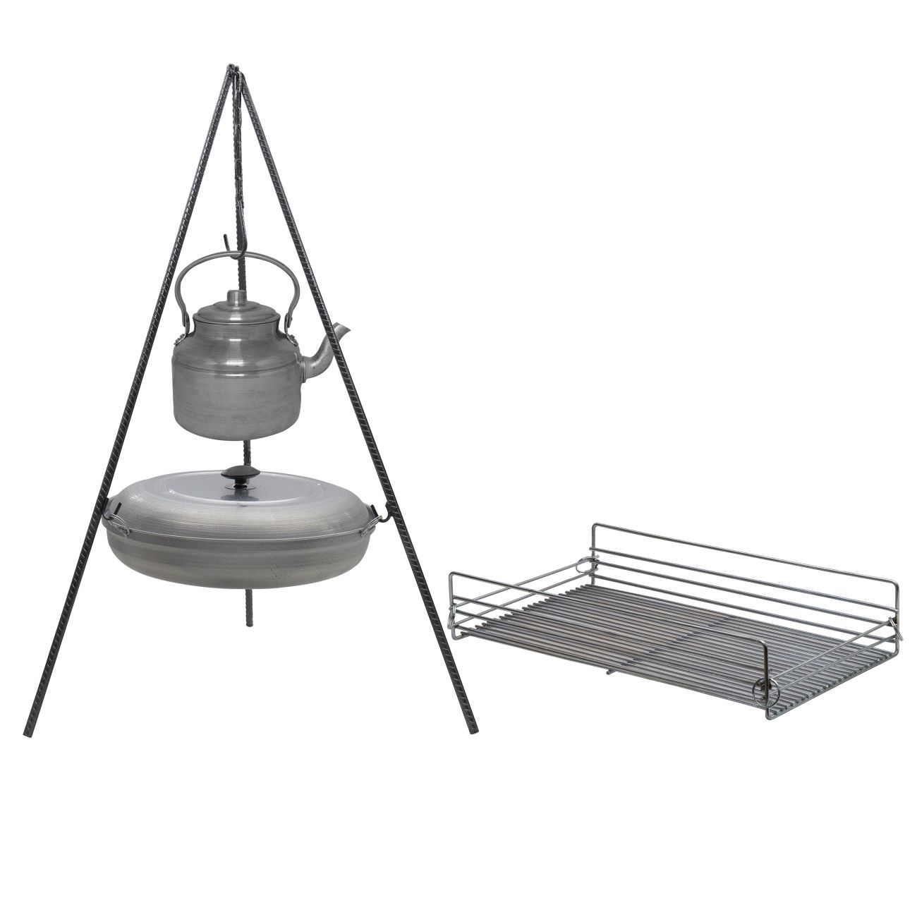 Ensemble de Cuisine en Fonte pour Camping avec Trépied, Grille, Poêle et Bouilloire - Ensemble Complet de Cuisine en Plein Air, 4 pièces